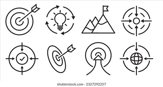 Black and white Business goal achievement icon set collection. Vector outlined arrow with target aim pointer sign and symbol. Flat thin growth idea in sport concept. Mountain top sniper global dart. 