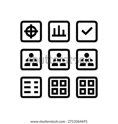 Black and White Business Interface Icon Set, Grid of Nine Symbols