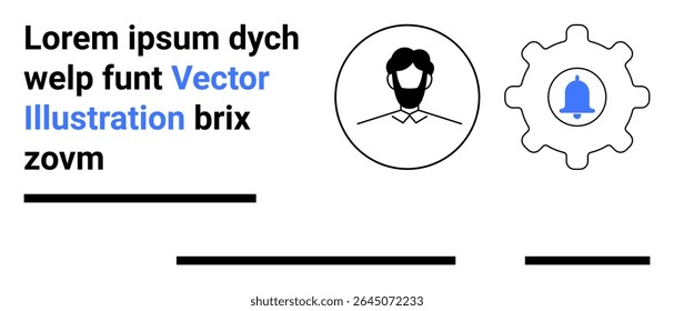 Black and white business profile icon, gray gear with blue notification bell. Lorem ipsum placeholder text. Ideal for corporate, user profiles, notifications, web design, UXUI, tech blogs