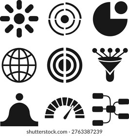 Black and white business and technology icons arranged on a clean white background together.