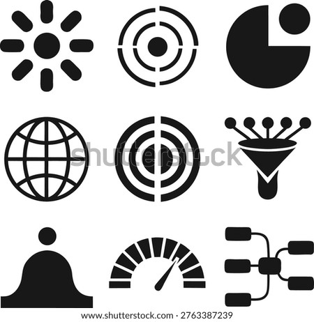 Black and white business and technology icons arranged on a clean white background together.