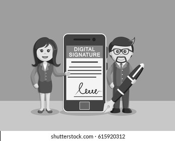 black and white businessman and businesswoman with digital signature on smartphone black and white style