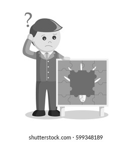 black and white businessman confuse with missing puzzle