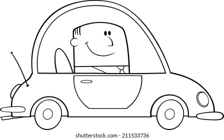 Black And White Businessman Driving Car To Work Cartoon Character