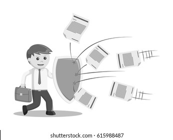 black and white businessman protecting him self by shield black and white style