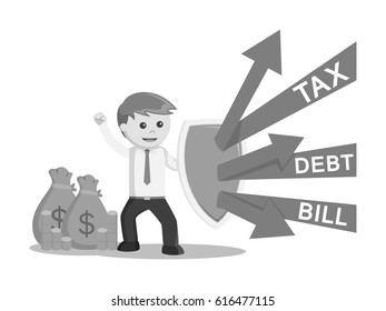 black and white businessman protecting his money by shield black and white style