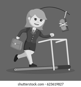 black and white businesswoman chasing money on treadmill black and white style