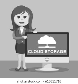 black and white businesswoman with cloud storage on monitor black and white style