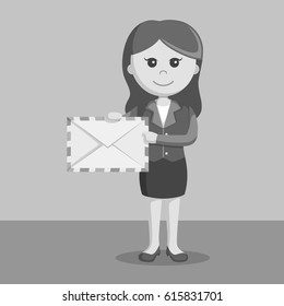 black and white businesswoman holding mail black and white style