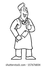 Black and white butcher holding a cleaver and his thumbs up