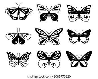 Black and white butterflies. Back butterfly silhouettes with white tracery on wings vector illustration