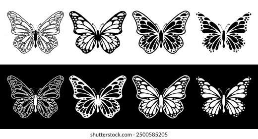 Black and white Butterflies clipart set. Party invitation, birthday celebration. Spring, summer decoration. Vector illustration isolated on black and white background.