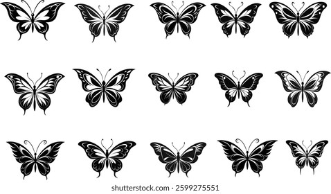 black and white butterflies icon set 