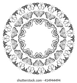 Black and white butterflies wreath. Vector design element for greeting card, wedding invitation, book cover, t shirt, logo, label, scrapbook.