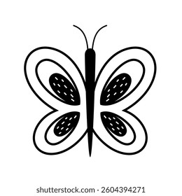 Black and white butterfly doodle, isolated cartoon character. Hand drawn vector illustration in flat style