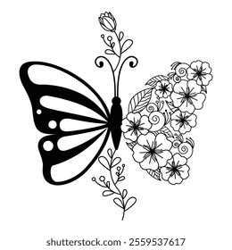 Black and White Butterfly and Floral Fusion Art Design with Flowers, Leaves, and Swirling Botanical Accents