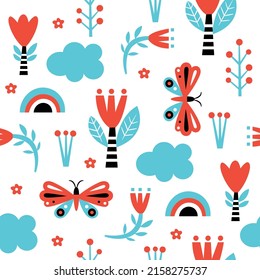 Black and white with butterfly and flowers. Fabric pattern, kids apparel print, wrapping paper