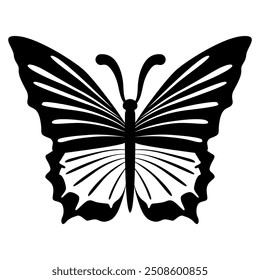 Black and white butterfly illustration with intricate wing patterns, capturing elegance and simplicity. Perfect for tattoo designs, logos, or nature-themed projects, emphasizing contrast and detail.