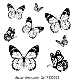 Black and white butterfly illustrations, featuring elegant designs with intricate wing patterns. Perfect for tattoos, decor, or crafts. Set of 9 unique butterflies. Vector art style. EPS 10
