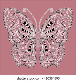 Black and white butterfly. Lace vintage butterfly in black and white isolated on dark pink background. Decorative element for: greeting card, pattern, gift surface, web, wallpaper, logo, brand icon  