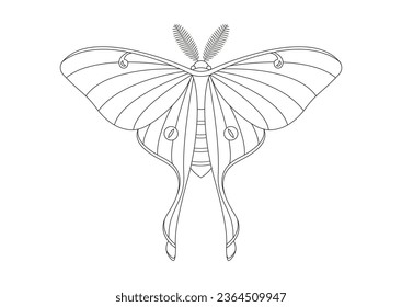 Black and White Butterfly Luna Moth Clipart Vector isolated on White Background. Coloring Page of a Butterfly Luna Moth