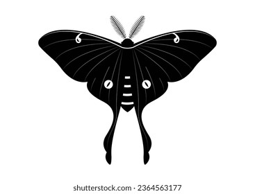 Black and White Butterfly Luna Moth Clipart Vector isolated on White Background