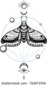 black and white butterfly on sacred geometry vector illustration