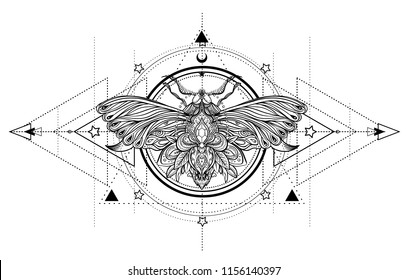 Black and white butterfly over sacred geometry sign, isolated vector illustration. Tattoo sketch. Mystical symbols and insects. Alchemy, occultism, spirituality, coloring book. Hand-drawn vintage.