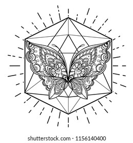 Black and white butterfly over sacred geometry sign, isolated vector illustration. Tattoo sketch. Mystical symbols and insects. Alchemy, occultism, spirituality, coloring book. Hand-drawn vintage.