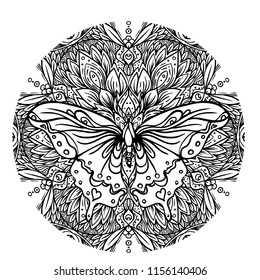 Black and white butterfly over sacred geometry sign, isolated vector illustration. Tattoo sketch. Mystical symbols and insects. Alchemy, occultism, spirituality, coloring book. Hand-drawn vintage.