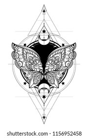 Black and white butterfly over sacred geometry sign, isolated vector illustration. Tattoo sketch. Mystical symbols and insects. Alchemy, occultism, spirituality, coloring book. Hand-drawn vintage.