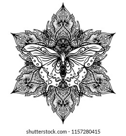 Black and white butterfly over sacred geometry sign, isolated vector illustration. Tattoo sketch. Mystical symbols and insects. Alchemy, occultism, spirituality, coloring book. Hand-drawn vintage.