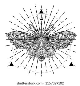 Black and white butterfly over sacred geometry sign, isolated vector illustration. Tattoo sketch. Mystical symbols and insects. Alchemy, occultism, spirituality, coloring book. Hand-drawn vintage.