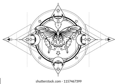 Black and white butterfly over sacred geometry sign, isolated vector illustration. Tattoo sketch. Mystical symbols and insects. Alchemy, occultism, spirituality, coloring book. Hand-drawn vintage.