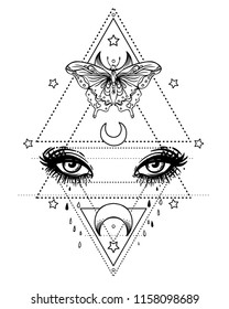 Black and white butterfly over sacred geometry sign, isolated vector illustration. Tattoo sketch. Mystical symbols and insects. Alchemy, occultism, spirituality, coloring book. Hand-drawn vintage.