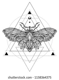 Black and white butterfly over sacred geometry sign, isolated vector illustration. Tattoo sketch. Mystical symbols and insects. Alchemy, occultism, spirituality, coloring book. Hand-drawn vintage.