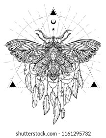 Black and white butterfly over sacred geometry sign, isolated vector illustration. Tattoo sketch. Mystical symbols and insects. Alchemy, occultism, spirituality, coloring book. Hand-drawn vintage.