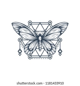 Black and white butterfly over sacred geometry sign, isolated vector illustration