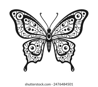 Black and white butterfly with a pattern of lines and circles on the wings, isolated on a white background. Vector illustration