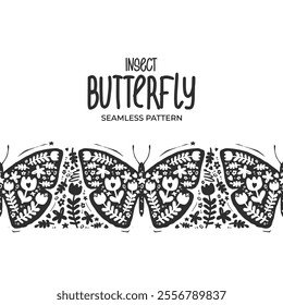 Black and white butterfly pattern, seamless horizontal border. Vector illustration in flat ink style. Monochrome insects in Scandinavian style with floral accents. Folk art for textiles packaging