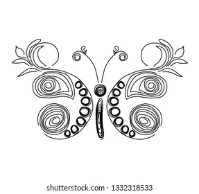 Black and white butterfly pattern. Technique quilling. Designer butterfly with floral elements. Drawing in lines. Tattoo