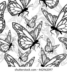 Black and white butterfly, seamless pattern. Vector background
