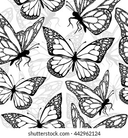 Black and white butterfly, seamless pattern. Vector background