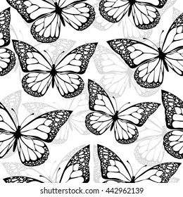Black and white butterfly, seamless pattern. Vector background
