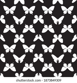 Black and white butterfly seamless repeat pattern vector, butterfly silhouettes. White butterflies, black background.