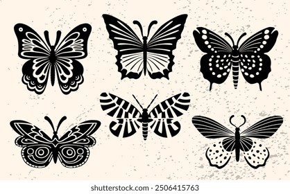 Black and white butterfly set in boho style. Mystical celestial moths. Vintage style. Magic flying butterfly. Vector clipart. Esoteric hand-drawn elements for textile design, and decoration. 