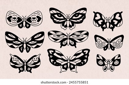 Black and white Butterfly set of the seventh seventh style of wavy lines and organic shapes. Y2k aesthetic, tattoo silhouette, hand drawn stickers. Vector graphic in trendy retro 70s style.