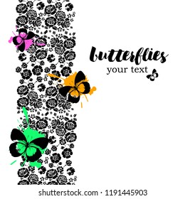 Black and white butterfly wings on a white background. Beautiful background of butterflies black and white colors. Butterfly with flowers vector