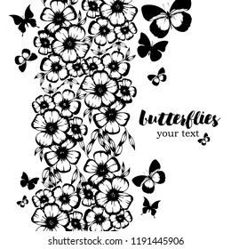 Black and white butterfly wings on a white background. Beautiful background of butterflies black and white colors. Butterfly with flowers vector