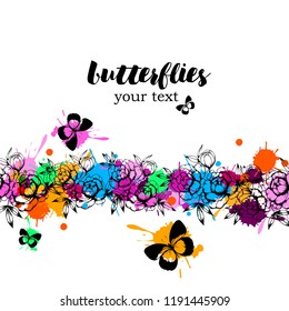 Black and white butterfly wings on a white background. Beautiful background of butterflies black and white colors. Butterfly with flowers vector